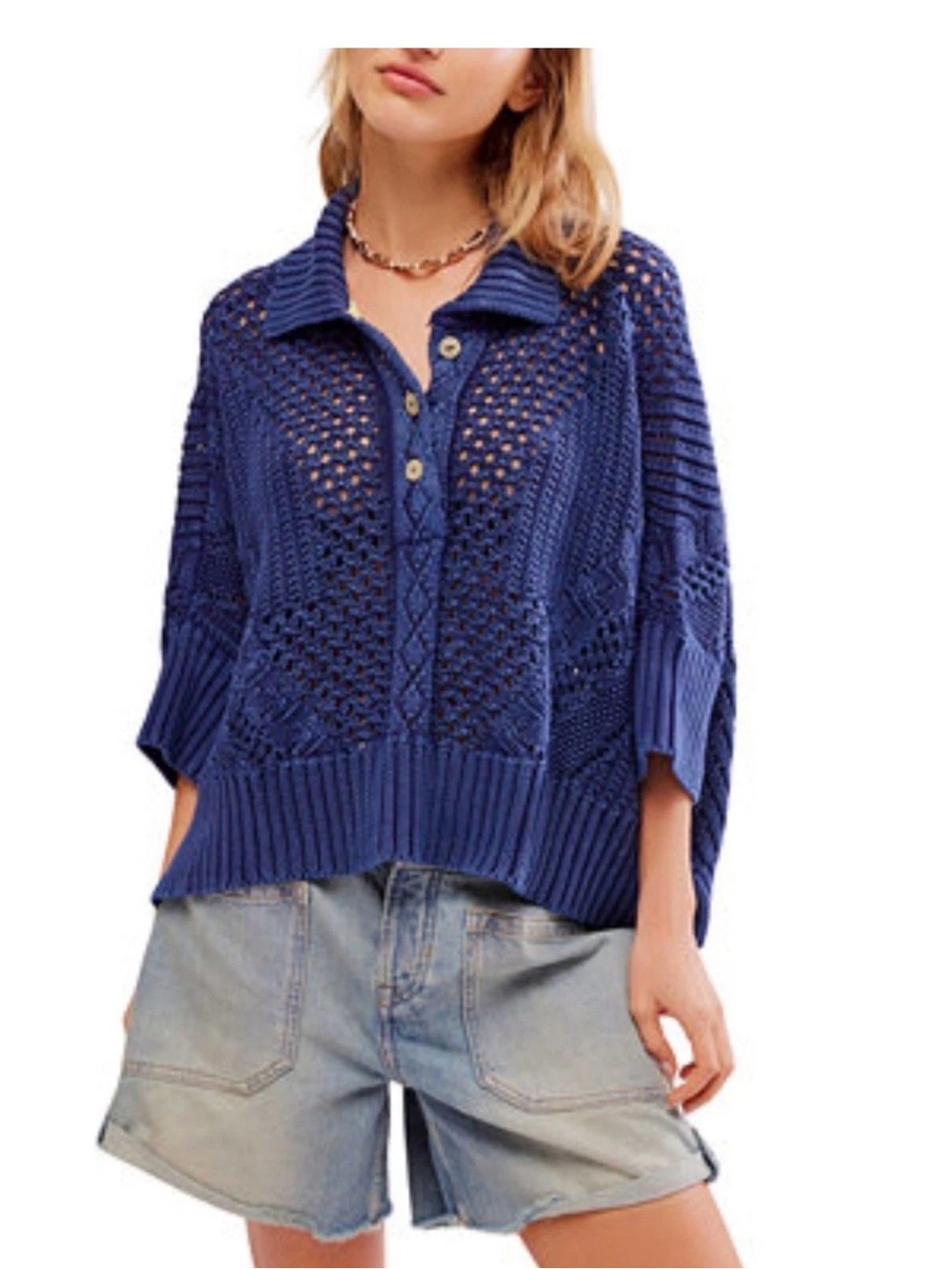 Free people Open-Knit Polo Sweater in Royal Blue
